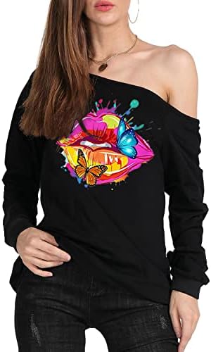 MagicMk Woman חולצות שפתים מדפיסים חולצה סיבתית מהכתף שרוול ארוך רופף סוודר פלוס גודל גודל