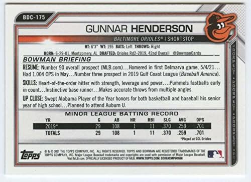 2021 דראפט כרום באומן BDC-175 Gunnar Henderson RC טירון Baltimore Orioles MLB כרטיס מסחר בייסבול