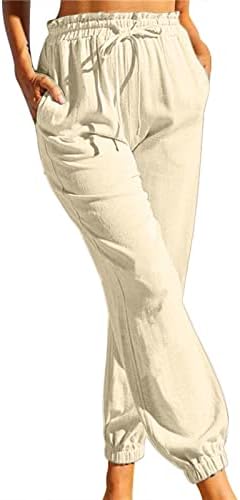 מכנסי פשתן כותנה לנשים, לבוש לרגל רחבה רופפת כושר רופף כושר קפרי קיץ מכנסי ג'וג'ר טרנדי לנשים