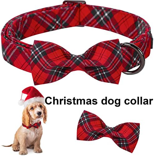צווארון כלבי חג המולד של חיית המחמד, צווארון כלב רך כותנה עם קשת, צווארון כלבים משובץ אדום מתכוונן
