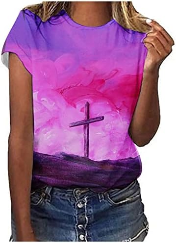 שקיעת צלב גרפי טי חולצות נשים בציר קיץ חולצות חולצה שרוול צווארון עגול מזדמן חולצה ישו צלב אמונה