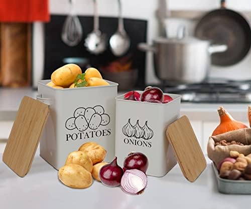 מטבח ירקות אחסון פחיות סט של 2 עבור תפוחי אדמה, בצל, עם מכסה עץ שום סל נושא כלים, ארוך חיי מדף-לבן