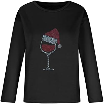 חולצות לנשים ריינסטון אדום יין זכוכית הדפסת הדפסת טי למעלה טוניקת חג המולד מזדמן ארוך שרוול עגול