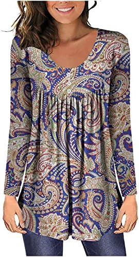 צמרות שרוול ארוך פרחוני של נשים הנלי נגד צוואר כפתור חולצות בגדי קיץ מזדמנים טוניקה טוניקה חולצות
