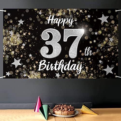 יום הולדת ה -37 שמח נלבירת שחור & מגבר; באנר גדול כוכב כסף - לחיים 37 שנים יום הולדת ישן רקע קיר קיר הבית,