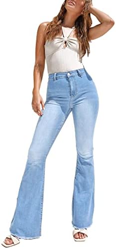 Miashui Jean לאישה נשים נמתחות מותניים גבוהות מכנסי רגל רחבים מכנסיים רגל קרועים ג'ינס ג'ינס