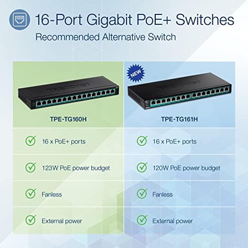 Trendnet 16-Port Gigabit POE+ Switch, TPE-TG160H, 123W POE תקציב כוח, 32 GBPs יכולת מיתוג, מתג