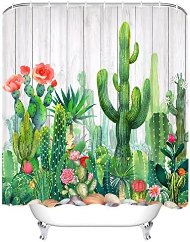 ליטינגיה וילון מקלחת קקטוס, צמחים בשרניים טרופיים וילון מקלחת פרחוני, וילונות מקלחת עץ מדברית לחדר אמבטיה, סט