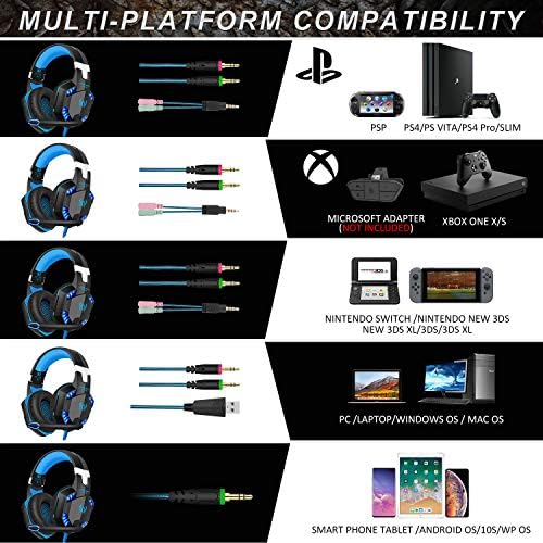 אוזניות משחק עם מיקרופון למחשב, PS4, Xbox One, אוזניות אוזניים יתר עם בקרת עוצמת עוצמה אור סטריאו בסגנון