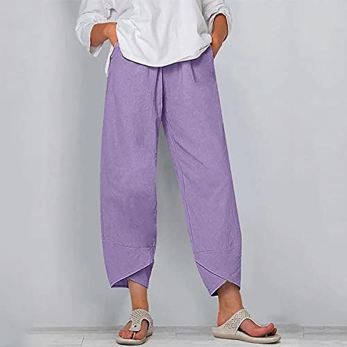 מכנסי פשתן כותנה לנשים של ג'אואר מכנסי פשתן קיץ אלסטי על מכנסי רגל רחבים רחבים