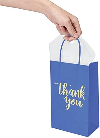 50 חבילות קטנות כחולות כחולות תודה לנייר שקיות מתנה עם ידיות ונייר טישו של 24 גיליונות לעסקים קטנים, קניות,