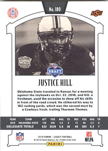 2019 Panini Legacy 180 Justice Hill RC טירון אוקלהומה קאובויס NFL כרטיס מסחר בכדורגל