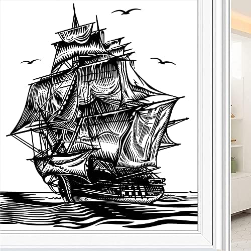 סרט חלון דבק של ספינת פיראטים, איור סגנון אמנות קו ימי עם סירת מפרש וינטג