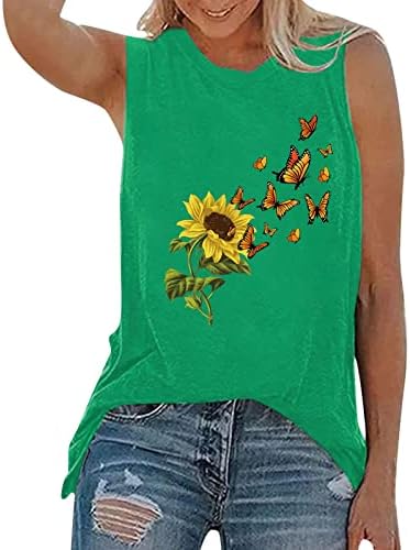 חולצת חמניות חמניות פרפר נשים ללא שרוולים צוואר עגול קיצוני טופ טבעי פרחוני מזדמן