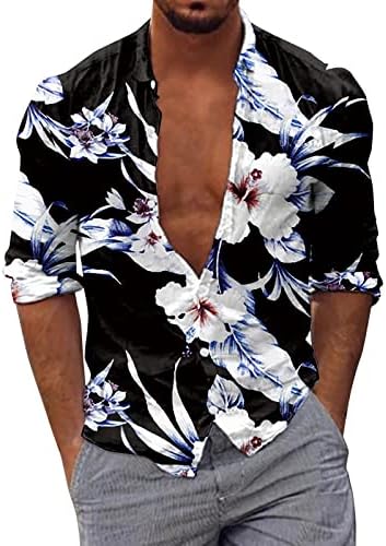 XXBR Mens Mens Hawaiian חולצות שרוול ארוך כפתור למטה צווארון דש היפי חולצה חוף טרופי הדפס פרחוני