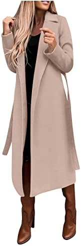 מעיל טרנץ 'נשים אלגנטיות בצבע אחיד ארוך מעיל צמר דו דש מחורץ חורף מעילים קדמיים פתוחים קרדיגן
