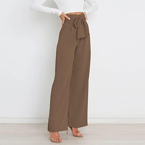 מכנסי רגל רחבים אלגנטיים של נשים צבע אחיד קלאסי רופף מכנסיים מותניים גבוהים עניבה עסקית על מכנסיים