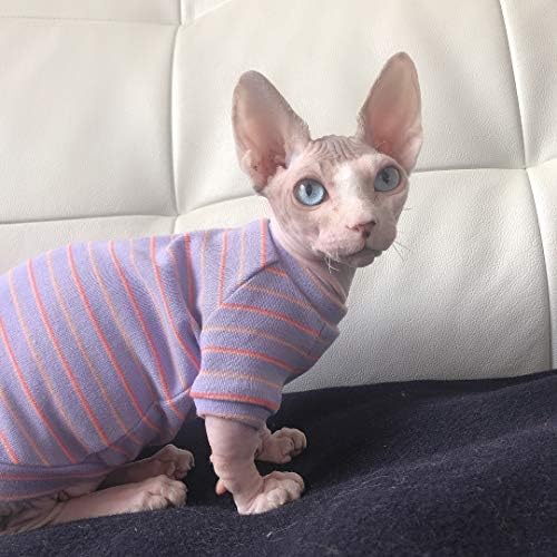 בגדי חתול חסרי שיער של אוצסטין, חולצת טריקו כותנה סגנון קפיץ דק פסים סגול, מתאים לספינקס, קורנוול רקס, דבון