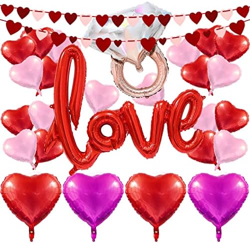 ערכת בלונים של ולנטיין 28 יחידות אהבה רומנטית בלוני נייר כסף קישוטים ליום האהבה צורת לב טבעת יהלום