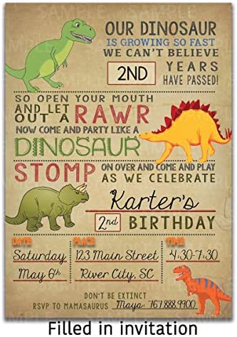 הזמנות לדינוזאור הזמנות למסיבת יום הולדת, מלאו את הזמנת 5x7, מסיבת דינו T-Rex Dino.