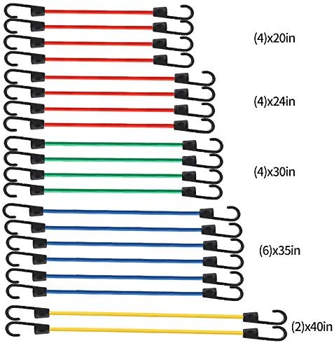 Xstrap Standard 20 חלקים מבחר כבלי באנג'י פרימיום - כולל 20 , 24, 30 , 35, 40 אינץ 'כבלים עם ווים עם ווים