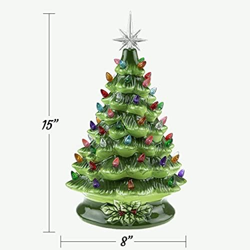 יצירות חכמות בגודל 15 אינץ 'מואר מדרג קרמיקה עץ חג המולד, קישוט חג צבוע ביד עם אורות צבעוניים, ירוק