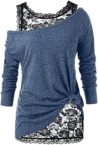 נשים עגול צוואר עגול תחרה בחולצה סוודר סוודר שרוולים ארוכים עם שרוול ארוך שני חלקים פתוח סרוג קדמי