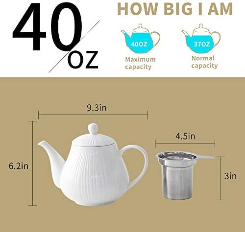 קומקום קרמיקה של Koov עם infuser, סיר תה 40 אונקיה עם infuser לתה רופף, גדול מספיק ל 6 כוסות, סדרות מפוספסות
