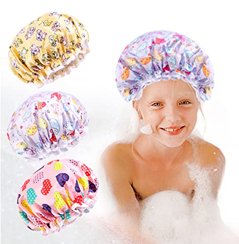 כובע מקלחת לילדים, 3 חבילות גדולות לשימוש חוזר כפול שכבה כפולה אטומה למים, כובע מקלחת פעוטות מפלסטיק