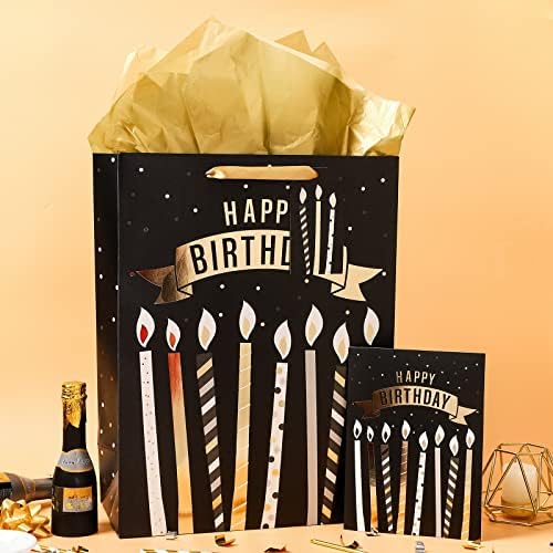 שקית מתנת יום הולדת שחורה וזהב עם נייר טישו, כרטיס מתנה ליום הולדת, מקלחת תינוק, מסיבה, ועוד - 12 איקס 16 איקס