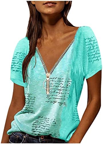 נשים בתוספת גודל טרנדי חולצות עמוק צוואר רוכסן קדמי טוניקת חולצות מכתב מודפס קצר שרוול חולצות מקרית