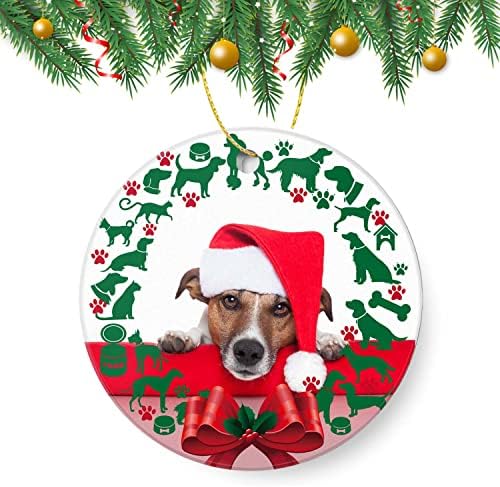 קישוטי חג המולד של גולאוג 'י 2022 - כלב חובש כובע חג המולד-קישוט חג המולד קרמי עגול בגודל 3