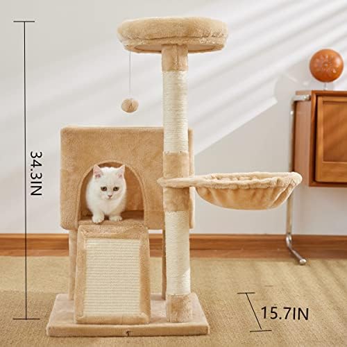 שמחה-טק חתול עץ עם סיסל מגרד הודעות, חתול מגדל עם גירוד לוח,רב-רמת חתול דירה עם סל,בז'