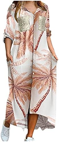 נשים מקסי ארוך שמלת הסוואה הדפסת כפתור למטה חולצה שמלות ארוך שרוול קיץ מזדמן רופף שמלה
