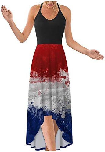 4 ביולי מקסי שמלות לנשים קיץ מקרית בוהו שמלת ארה ב דגל סקופ צוואר קאמי שרוולים פטריוטית שמלות קיץ