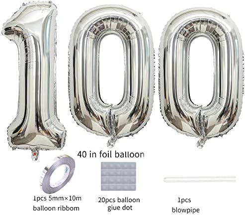 Qweqwe מספר כסף 100 בלונים 40 מספר נייר כסף בלון 100 יום הולדת 100 בלונים ספרה 100 הליום בלונים גדולים לקישוטים
