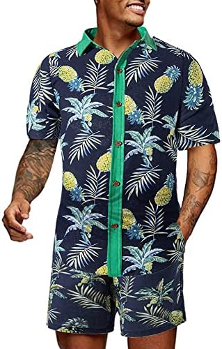 חולצת שרוול קצר של Bebuerrg של גברים וחליפות מכנסיים קצרים קיץ 2 פרחים כפתור מזדמן במורד החולצה הוואי