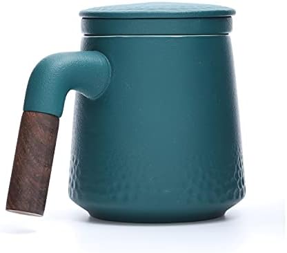 כוס תה Ncqixiao עם מכסה ומכסה, כוסות ספל תה בסגנון גשם עם ספל קפה קרמי של ידית עץ עם מכסה לתה של עלים רופפים