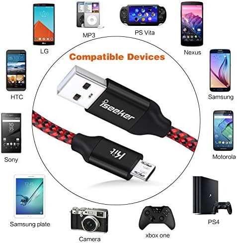 ISeekerKit Micro USB כבל 15ft, כבלי טעינה אנדרואידים ארוכים במיוחד קלועים, 2 חפצים מיקרו USB צבעוני ל- USB
