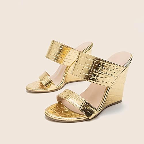 נשים טריז עקבים גבוהים סנדלי קיץ אופנה מזדמן כפול רצועת פלטפורמת נעליים נוח טרנדי נחש הדפסת זהב נעל