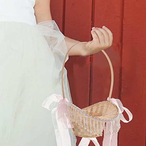 ארוג סלי חתונה לב פרח סל דקורטיבי פרח ילדה סל עם פרל ציצית וסרט סוכריות סל לחתונה יום נישואים טקס מסיבת האנפו