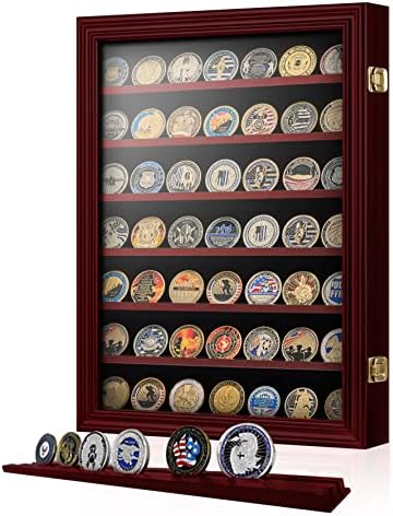 AsMileIndeep Challenge Challing Coin תצוגה מארז עץ מוצק, מחזיק מטבעות אתגר מתלה ארון דלתות זכוכית HD מחזיק