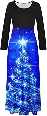 נשים מקסי שמלה ארוך שרוול חג המולד עץ גרפי הדפסת אימפריה מותניים שמלת חג המולד מזדמן צוות צוואר ארוך