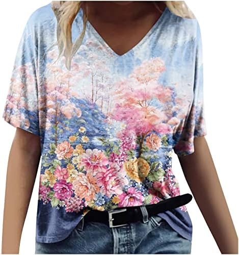 חולצות טשטוש אופנה לנשים קיץ לבוש עליון טופ פרחים הדפס פרחים טי מסוגנן שרוול קצר חמוד V צוואר חולצה רופפת