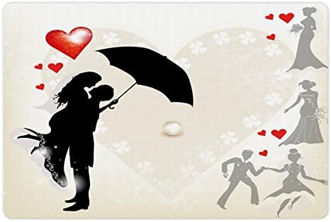 אמבסון חתונה לחיות מחמד מחצלת עבור מזון ומים, זוג באהבה מטרייה אדום לבבות חרציות רומנטיקה באוויר חגיגה, מלבן