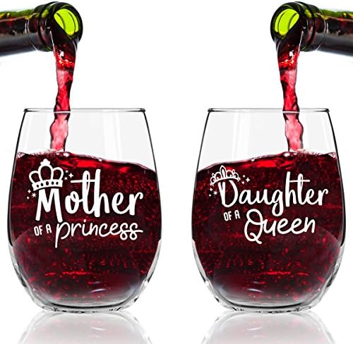 אמא של נסיכה בת של מלכה ללא גזע יין זכוכית סט של 2-יין משקפיים לאמא מהבת-אמא בת התאמת מתנות רעיון-אמא
