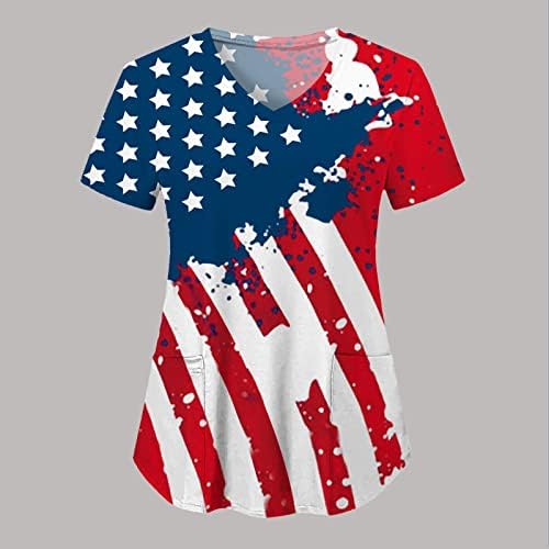 צמרות 4 ביולי לנשים דגל אמריקאי שרוול קצר שרוול נ 'חולצה חולצה עם 2 כיסים לבגדי עבודה מזדמנים