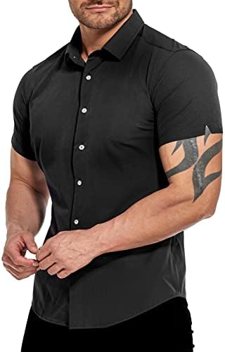 חולצות שמלת שרירים לגברים של אטפורנה חולצות דק מתאים למתיחה שרוול קצר כפתור כפתור למטה