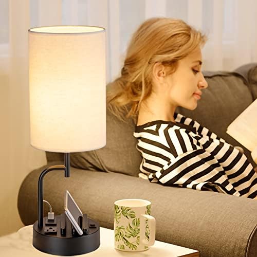 מנורת שולחן עם 3 יציאות טעינה, מנורת שולחן מודרנית עם שקע חשמל ומעמדי טלפון, מנורה שליד המיטה