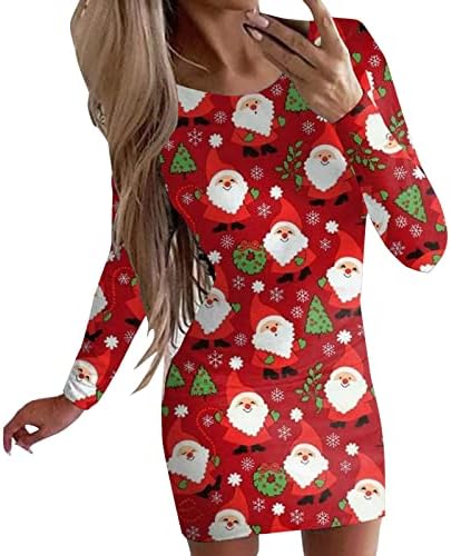 מכוער חג המולד חולצה שמלת נשים חמוד חידוש חג המולד מודפס בגד גוף מיני שמלות ארוך שרוול צווארון עגול
